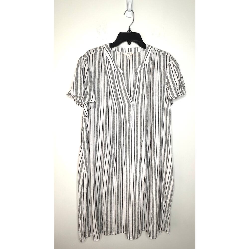 Terra & Sky Linen Blend Shift Dress 1X Flutter Sleeve Stripe Beach Resort Casual